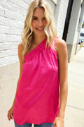Diva Dreams Fuchsia Leopard Print One Shoulder Satin Top