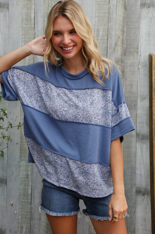 Weekend Ready Denim Floral Wavy Rib Outseam Stitch Pullover