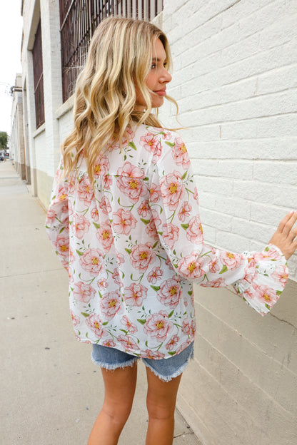 The Feminine Touch Chiffon Button-Down Floral Ruffle Sleeve Blouse