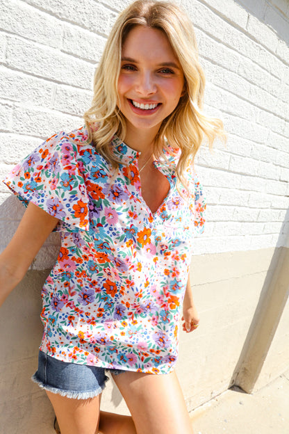 Beautiful You Ivory Floral Print Notch Neck Puff Short Sleeve Top