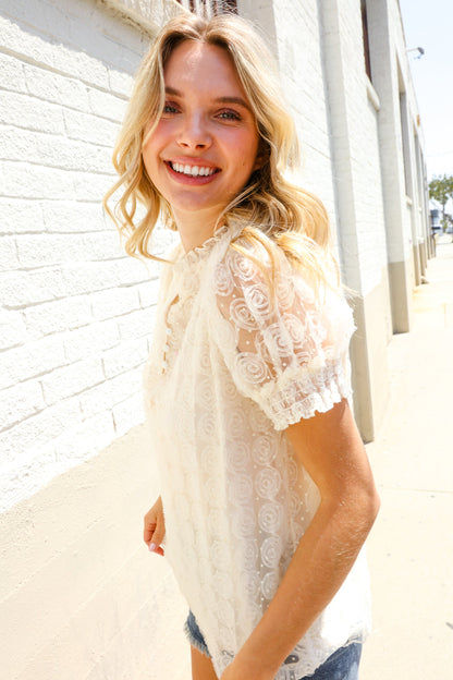 Classy Chic Ivory Swiss Dot Chiffon Button Yoke Lined Blouse