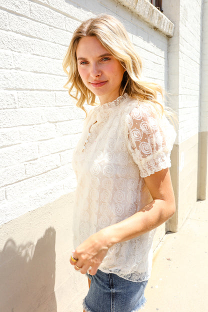 Classy Chic Ivory Swiss Dot Chiffon Button Yoke Lined Blouse