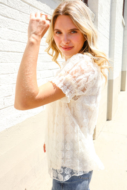 Classy Chic Ivory Swiss Dot Chiffon Button Yoke Lined Blouse