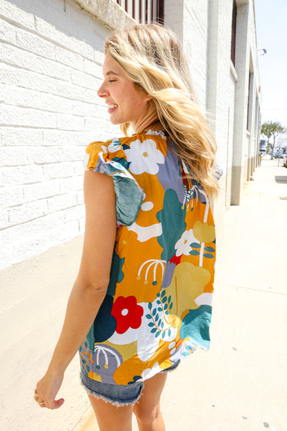 Be Bold Multicolor Abstract Print Flutter Sleeve Mock Neck Top