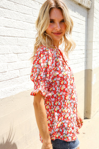 Elegant You Ruby Notched Neck Floral Smocked Sleeve Blouse