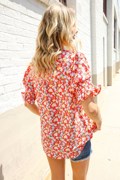 Elegant You Ruby Notched Neck Floral Smocked Sleeve Blouse