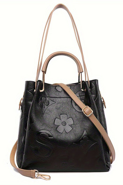 Black Leather Vintage Embossed Shoulder Bag with Handle