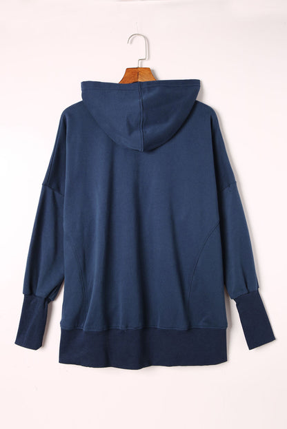 Light Blue Casual Batwing Sleeve Pocket Henley Hoodie