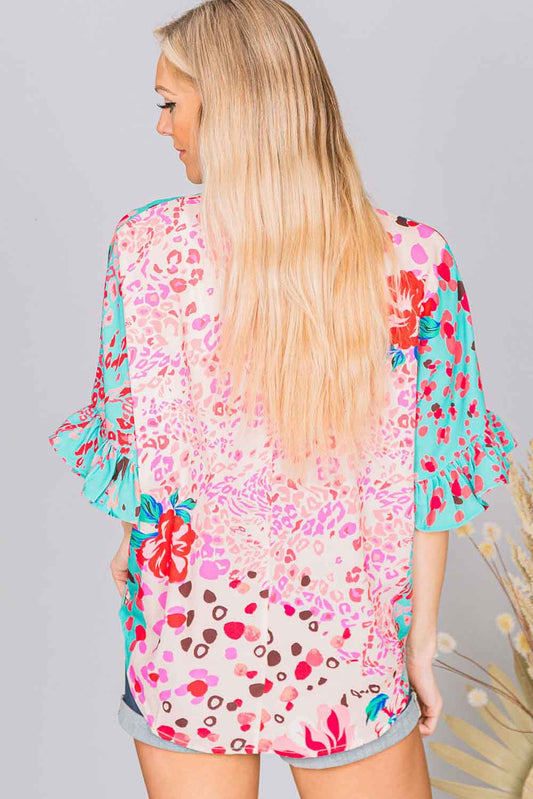 Multicolor Leopard Floral Mixed Print Ruffle Sleeve Surplice Blouse