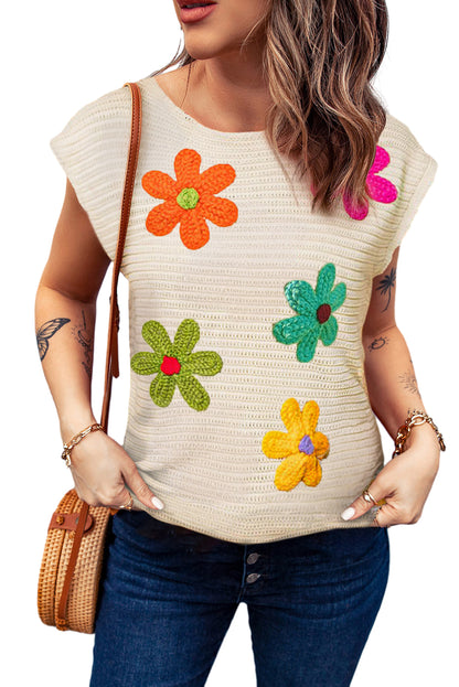 White Colorful Flower Crochet Knitted Top