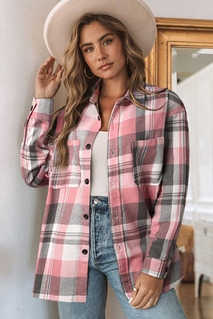 Pink Long Sleeve Collared Button Up Flannel Shirt