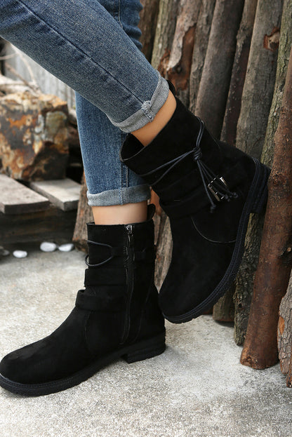 Black Faux Suede Zip Up Buckle Straps Ankle Boots