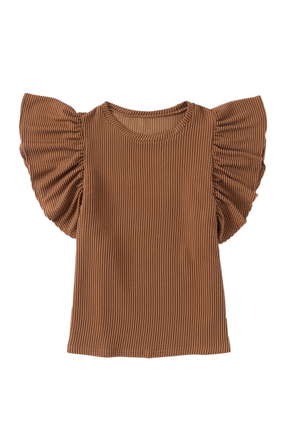 Brown Textured Butterfly Sleeve Summer Top for Women