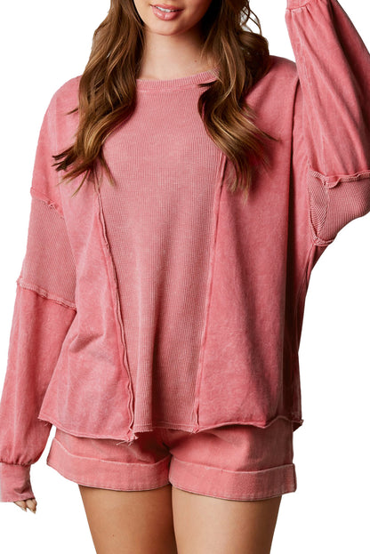 Rose Lighted Washed Waffle Knit Patchwork Sweatshirt