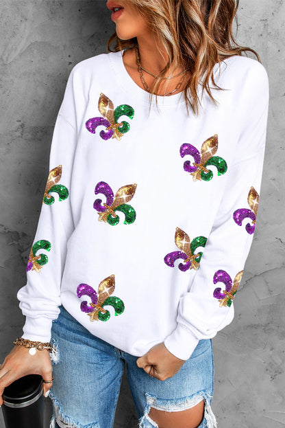 Black Sequin MARDI GRAS Graphic Pullover Sweatshirt