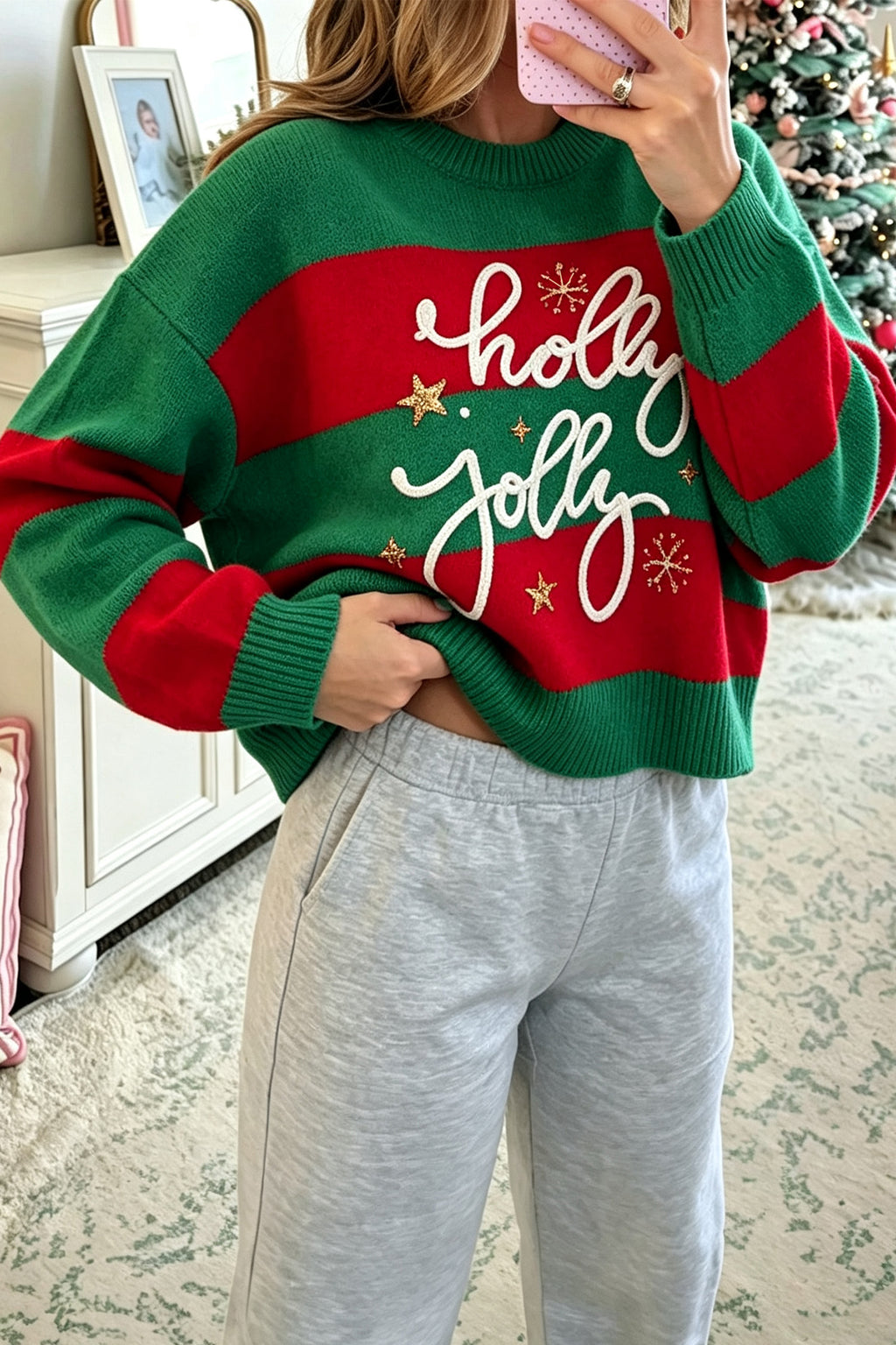 Green Stripe Festive Holly Jolly Sequin Christmas Holiday Sweater