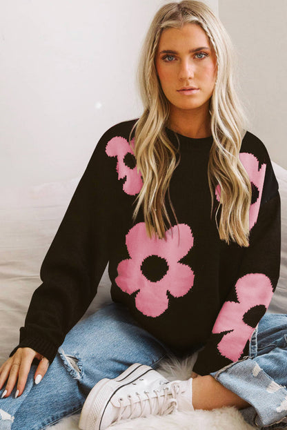 Black Flower Pattern Ribbed Trim Knit Sweater