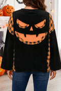 Black Patchwork Plaid Pumpkin Face Long Sleeve Top