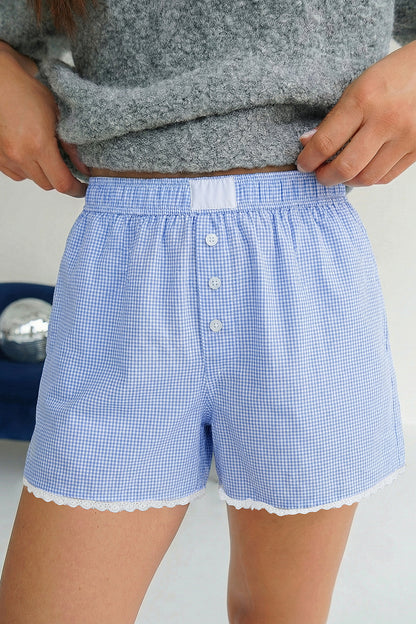 Green Gingham Plaid Button Detail Lace Trim Boxer Shorts