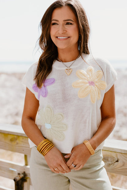 Pink Flower Short Sleeve Crop Knit Tee