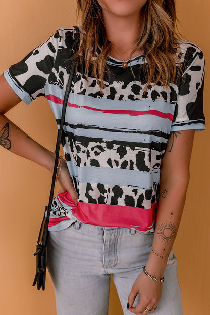 Cow Leopard Striped O-Neck Western Tee