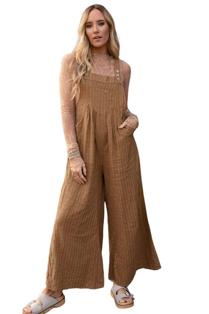 Brown Striped Pleated Pockets Wide Leg Jumpsuit