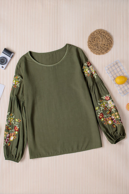 Black Flower Embroidered Jewel Neckline Long Sleeve Shirt