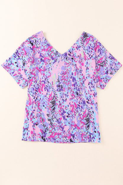 Pastel Blue Abstract Floral Print Short Sleeve V Neck T Shirt