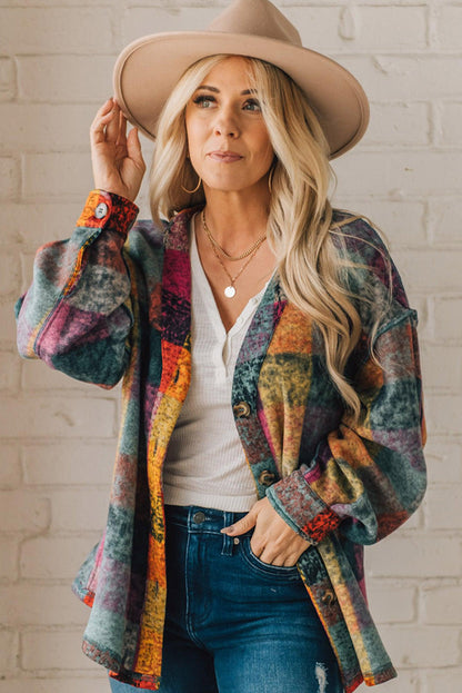 Multicolor Brushed Checked Tunic Buttoned Jacket