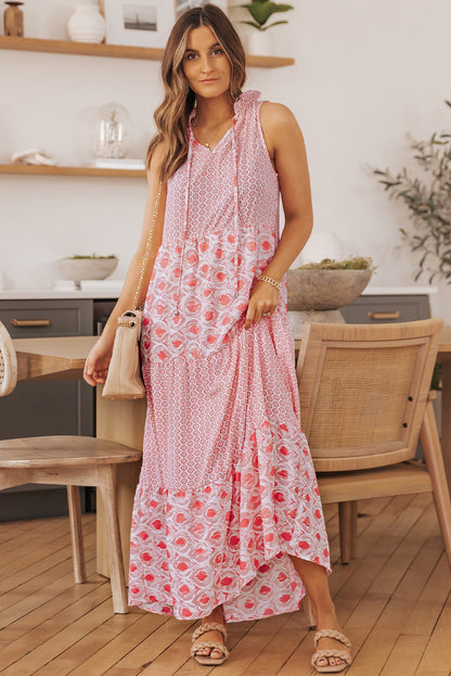 Pink Abstract Sleeveless V Neck Summer Tiered Dress