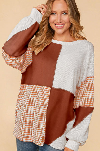 Multicolor Exposed Seam Color Block Pullover Long Sleeve Top