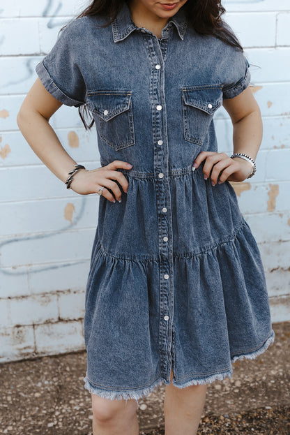 Gray Button Up Short Sleeve Denim Shirt Dress