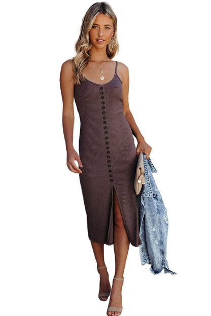 Brown Buttoned Ribbed Knit Sleeveless Midi Dress with Slit