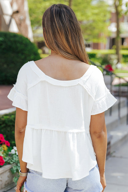 Rosy Crinkled Ruffle Casual Short Sleeve Blouse