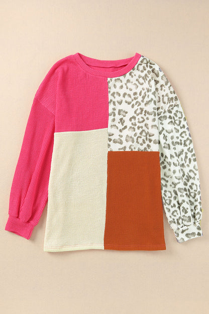 Cheetah Print Color Block Casual Pullover Long Sleeve Top