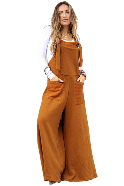 Brown Patch Pocket Knot Strap Wide Leg Overall