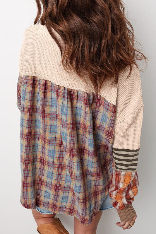 Beige Waffle Stripe Plaid Patchwork Henley Top