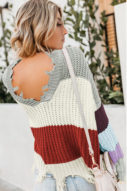 Colorblock Distressed Sweater