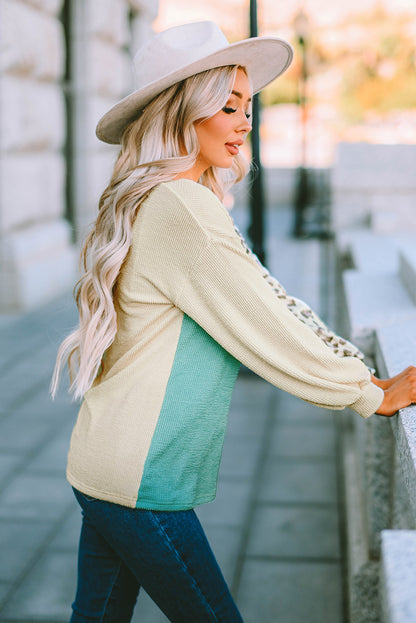 Cheetah Print Color Block Casual Pullover Long Sleeve Top