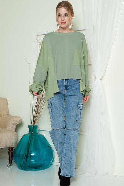 Green Splicing Long Sleeve Pocketed Oversized Top