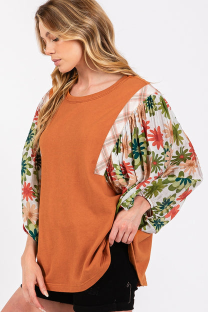 SAGE + FIG Full Size Printed Balloon Sleeve Contrast Top