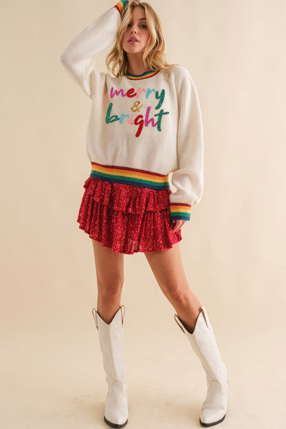 White Glitter Merry & Bright Rainbow Striped Trim Sweater