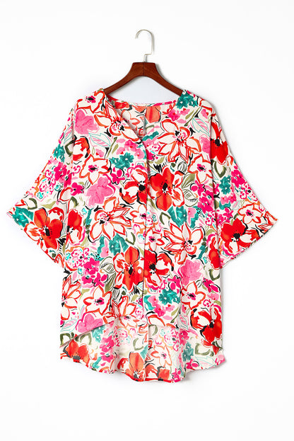 Plus Size Floral Print Boho Kimono Sleeve Shirt