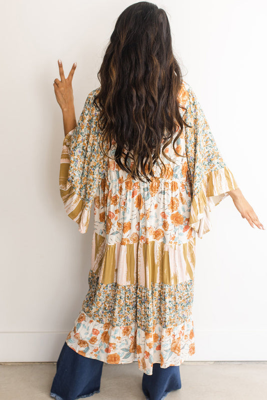 Multicolor Wide Sleeve Mixed Floral Print Long Kimono