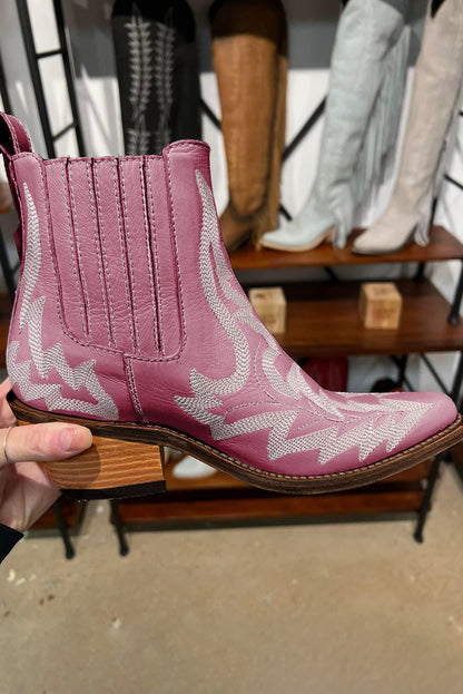 White Embroidered Leather Thick Heel Booties