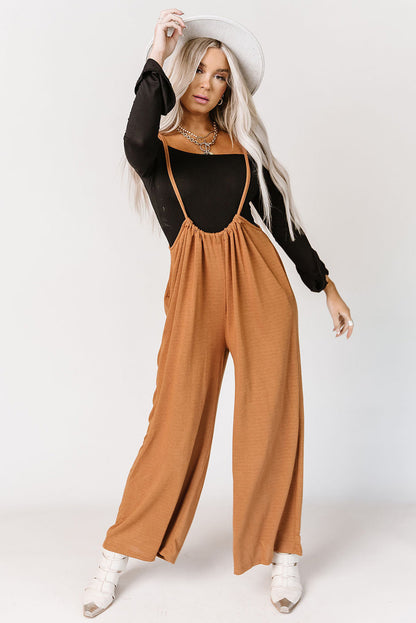 Orange High Rise Drawstring Wide Leg Suspender Pants