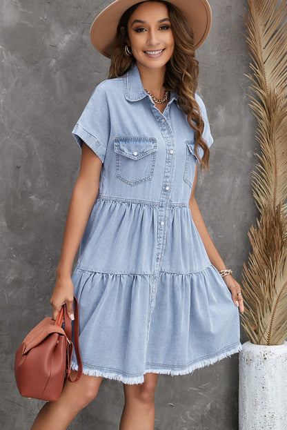 Gray Button Up Short Sleeve Denim Shirt Dress