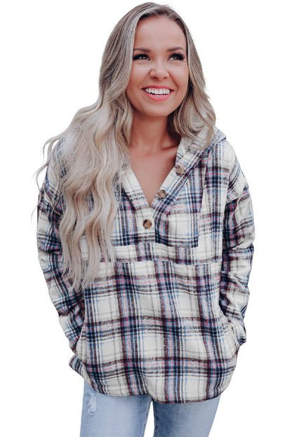 Khaki Plaid Button Neck Pocketed Pullover Hoodie