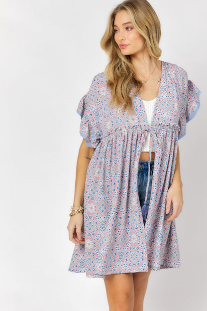 PRINTED SHORT SLEEVE RUFFLE KIMONO