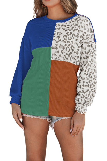 Cheetah Print Color Block Casual Pullover Long Sleeve Top